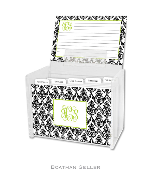 Madison Damask White with Black Personalized Recipe Box & Cards