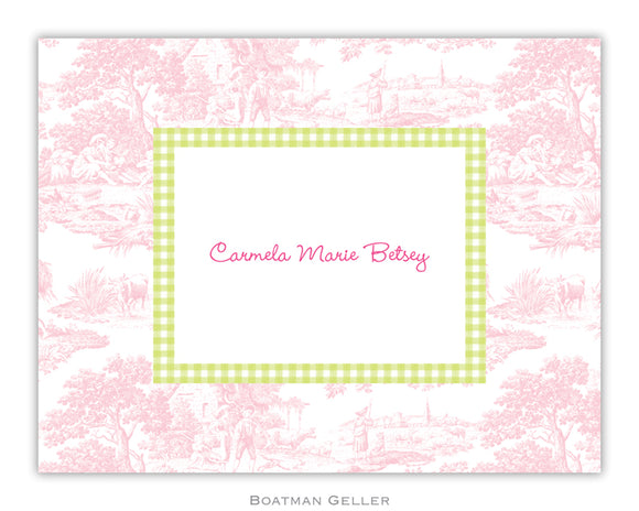 Toile Pink with Lime Check Foldover Notecard