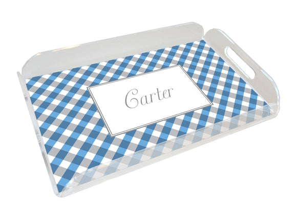 blue gingham personalized lucite tray