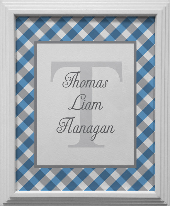 blue gingham personalized wall art