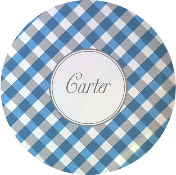blue gingham personalized plate